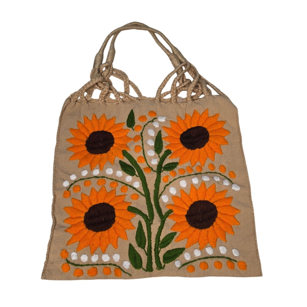 Unbranded Tote Bag Women OS Tan Sunflower Embroidered Boho Woven Braided Handle